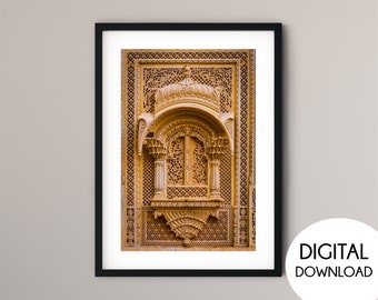 Talla de piedra de ventana, impresión de Rajasthan, decoración Boho, impresión de pared de paisaje urbano, foto de arte de pared de India, descarga digital, arte imprimible