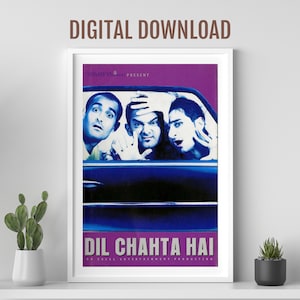 Cartel de la película Dil Chahta Hai, arte de Desi Wall, cartel de la película de Bollywood, cartel retro de Bollywood cartel de la película india, Aamir Khan, Saif Ali Khan
