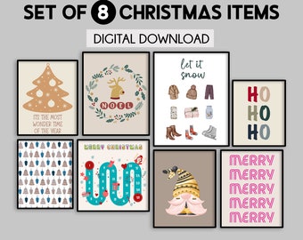 May include: Set of eight printable Christmas illustrations. The illustrations include a Christmas tree, a wreath with the word "NOEL", a gnome, a winter scene with the text "let it snow", a pattern of Christmas trees, a Christmas countdown, and a sign with the text "HO HO HO" and another sign with the text "MERRY MERRY MERRY MERRY MERRY".