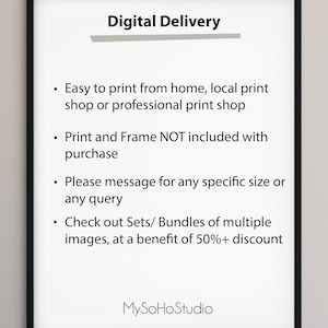 May include: Digital download information for a printable image. The text reads: "Digital Delivery", "Easy to print from home, local print shop or professional print shop", "Print and Frame NOT included with purchase", "Please message for any specific size or any query", "Check out Sets/ Bundles of multiple images, at a benefit of 50%+ discount", and "MySoHoStudio".