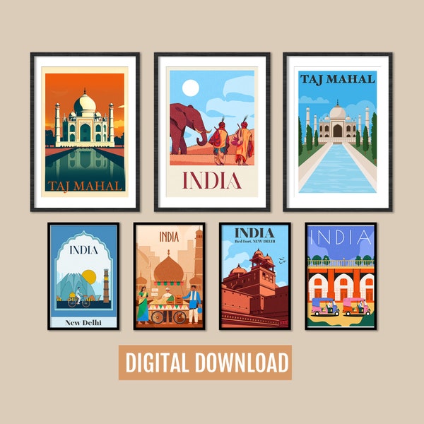 India travel posters, Set of 7 travel prints, Vintage India travel posters, retro city wall art, travel wall art print, travel poster set