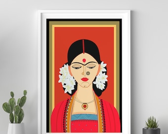 Pintura de novia india, arte de la pared india, impresión de arte indio, reina india, arte vintage indio colorido, decoración de la sala de estar, pintura india,
