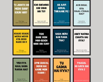 Funny Indian culture phrases, Set of 12 Indian wall art, Hindi phrases, Restaurant decor, Desi wall art, Indian pop culture art, Desi humour