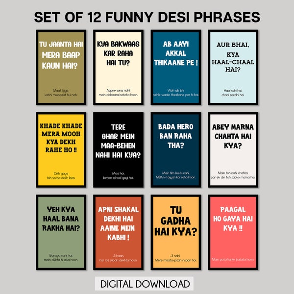 Funny Indian culture phrases, Set of 12 Indian wall art, Hindi phrases, Restaurant decor, Desi wall art, Indian pop culture art, Desi humour