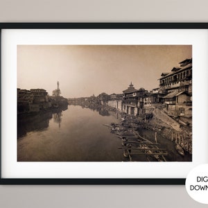 Jhelum river in Srinagar, Kashmir poster, India Poster, India Photo, Printable wall art, Travel poster, retro Indian city poster, Sepia tone