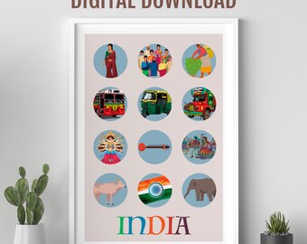 I love India collage poster, Desi Indian wall art, Gift for Indian family, Places of India, Asian culture print, Pop culture wall design