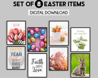 Easter printable wall art, Set of 8 Easter prints, Easter home decor, Bunny decorations, Easter gallery wall set, Spring home decor,