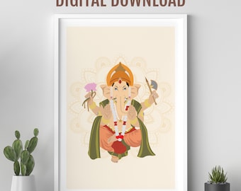 Lord Ganesha digital print, Hindu God poster, Meditation wall art, Hindu wall art, Desi art, Colourful Indian wall art, Shri Ganesha Namah