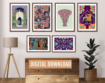Puede incluir: Conjunto de seis impresiones digitales con diseños coloridos e intrincados inspirados en la cultura india. Las impresiones incluyen un patrón floral, un elefante, una escena con un arco, una escena con una mujer con sari y dos patrones florales. Las impresiones están etiquetadas como "DESCARGA DIGITAL".