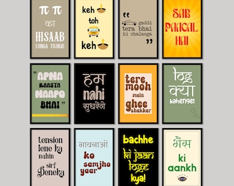 Indian culture phrases, Set of 12 Indian wall art, Desi art, Hindi phrases, Restaurant decor, Desi wall art, Indian pop culture art,