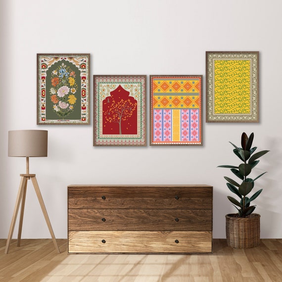 Set of 4 Colourful Indian floral art, Living room decor, Mughal art prints, Gallery wall set, Indian painting, Boho wall art printable