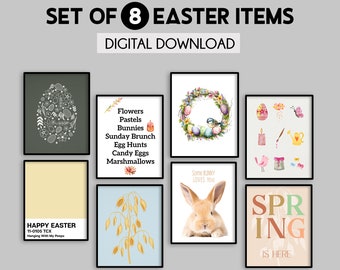 Easter printable wall art, Set of 8 Easter prints, Easter home decor, Bunny decorations, Easter gallery wall set, Spring home decor,