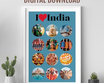 I love India collage poster, Desi Indian wall art, Gift for Indian family, Places of India, Asian culture print, Pop culture wall design