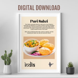 Puri sabzi food poster, Desi Indian food art, Asian food art, Colourful Indian food, Desi wall art, Kitchen wall poster, Restaurant decor