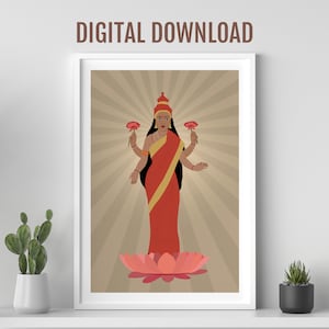 Impresión digital de la diosa Lakshmi, cartel de la diosa hindú, arte de la pared de meditación, arte de la pared hindú, arte Desi, arte de la pared india colorida, Sri Laxmi