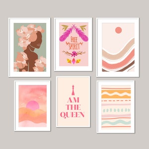 Set van 6 roze muurkunst, roze tinten, girly kamerdecor, uniek cadeau voor haar, roze prints, galerij muurset prints, Valentijnscadeau voor haar