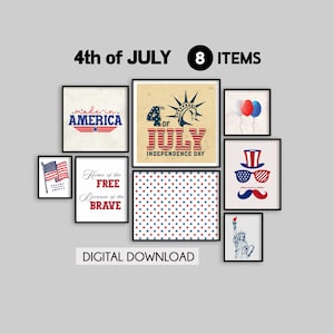 Impressões artísticas de 4 de julho, conjunto de 8 gravuras, arte de parede de galeria de 4 de julho, arte de parede imprimível de 4 de julho, Dia da Independência, impressão de 1776