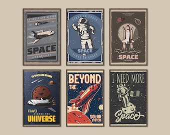 Set of 6 Space posters Space wall art, NASA wall art, rocket wall decor, space decor for kids, Astronaut print,  educational space wall art