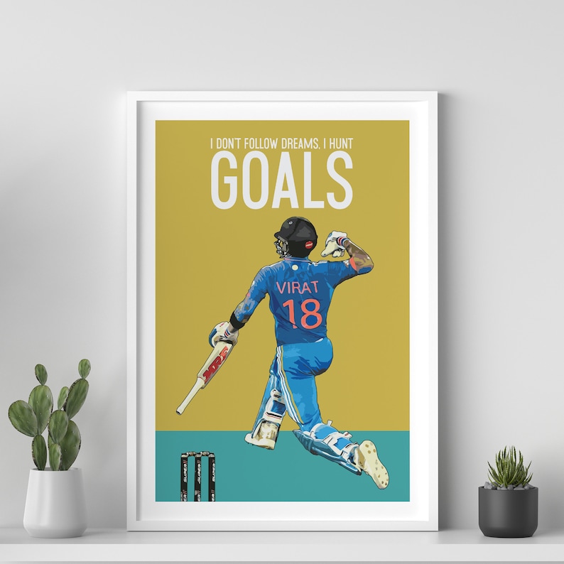 May include: A yellow and teal poster with a graphic of a cricket player in a blue uniform with the number 18 on the back. The text on the poster reads "I don't follow dreams, I hunt goals".