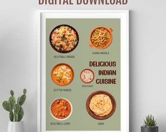 Indian food poster, Assorted Indian cuisine, Desi Indian food art, Asian food art, Desi wall art, Kitchen wall art, Restaurant decor