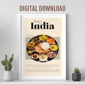 Veg thali food poster, Desi Indian food art, Asian food art, Colourful Indian food print, Desi wall art, Kitchen  wall art, Restaurant decor
