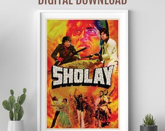Cartel de la película Sholay, arte de Desi Wall, cartel de la película de Bollywood, película india, cartel retro de Bollywood, Amitabh Bachchan, cartel de la película india