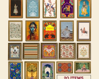 Colourful Indian vintage art, Set of 20, Living room decor, Gallery wall set, Indian painting, Poster bundle, Boho wall art printable