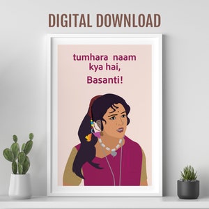 Sholay movie poster, Basanti Hema Malini, Hindi movie dialogue, Desi Wall art, Indian Bollywood movie poster, Indian culture pop art