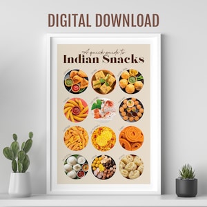 Indian snacks food poster collage, Gift for Indian food lover, Assorted Indian cuisine, Asian food art, Kitchen wall art, Restaurant decor