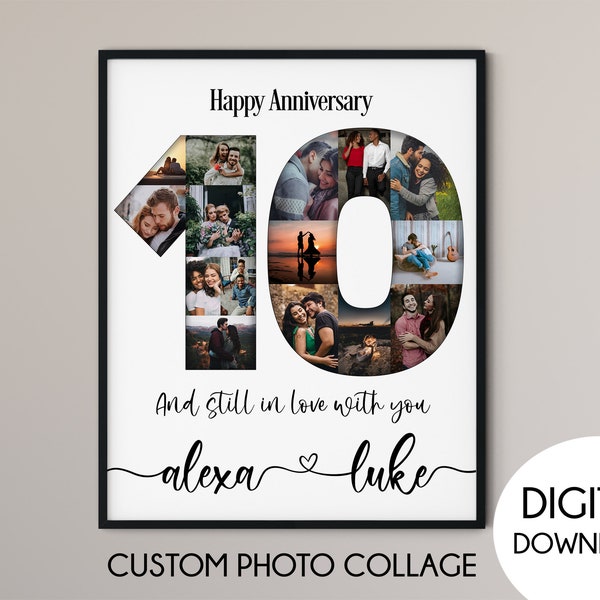 Cadeau collage photo 10e anniversaire, cadeau 10e anniversaire, collage photo numéro, signe 10e anniversaire, cadeau d'anniversaire, cadeau pour elle