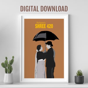 Könnte beinhalten: Gerahmter digitaler Download-Druck mit einer minimalistischen Illustration aus dem Film "Shree 420". Das Kunstwerk zeigt zwei Figuren unter einem schwarzen Regenschirm vor braunem Hintergrund. Der Text "DIGITAL DOWNLOAD" steht oben.