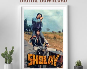 Cartel de la película Sholay, arte de Desi Wall, cartel de la película de Bollywood, impresión de arte Desi, cartel retro de Bollywood, Amitabh Bachchan, cartel de la película india