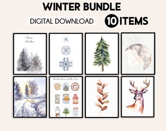 May include: A digital download bundle of 10 winter-themed watercolor illustrations. The illustrations include a snowy forest, snowflakes, a pine tree, a crescent moon, a winter scene with a path, a collection of winter-themed objects, a branch of leaves, and a deer.