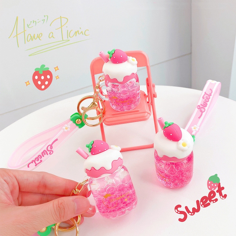 Kawaii Liquid Strawberry Keychain Moving Pink Boba Keyring Etsy