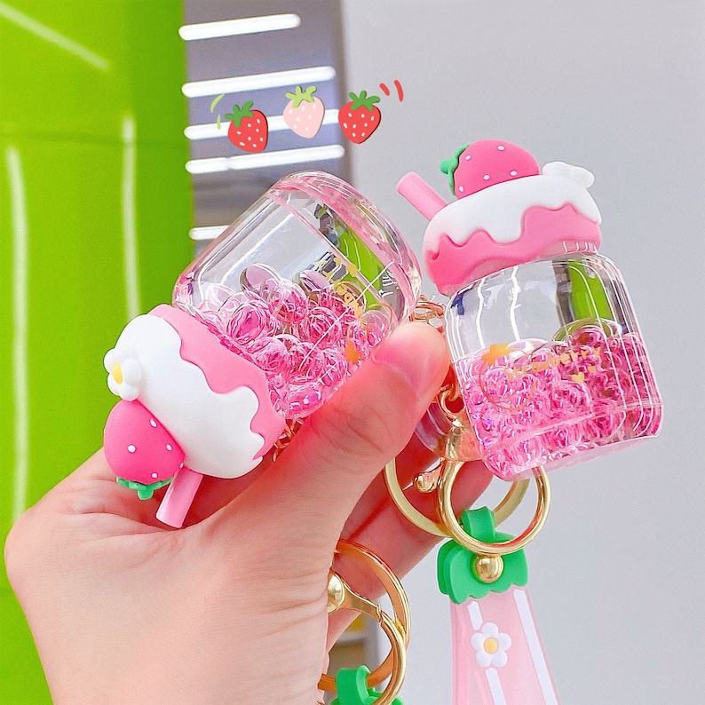Kawaii Liquid Strawberry Keychain Moving Pink Boba Keyring Etsy