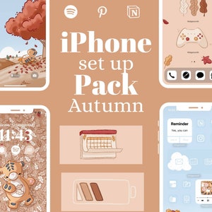 May include: A collection of iPhone home screen designs featuring an autumn theme. The designs include a calendar, a battery icon, a tiger, and a game controller. The text "iPhone set up Pack Autumn" is displayed in the centre of the image.