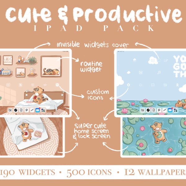 ULTIMATE  iPad Set Up Complete Cute Tiger Pack - 190+ widgets - 500+ icons - 12 wallpapers