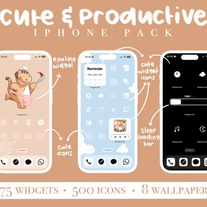 Könnte beinhalten: Drei iPhone-Mockups, die einen Telefon-Startbildschirm mit einem niedlichen Cartoon-Dinosaurier, einen Telefon-Startbildschirm mit blauem Hintergrund und einem Erinnerungs-Widget und einen Telefon-Startbildschirm mit schwarzem Hintergrund und einer Schlaf-Ladeanzeige zeigen. Der Text "cute & Productive IPHONE PACK" befindet sich oben im Bild. Der Text "175 WIDGETS. 500 ICONS. 8 WALLPAPERS" befindet sich unten im Bild.