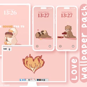 Peut inclure: Un ensemble de fonds d'écran pour téléphone, tablette et ordinateur avec un fond rose et des illustrations mignonnes. Les illustrations comprennent une oie tenant des fleurs, une flamme en forme de cœur et une loutre de dessin animé. Le texte "Love Wallpaper Pack" est écrit en rose sur un fond blanc.