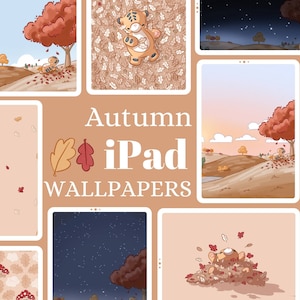 Può includere: Una collezione di nove sfondi digitali per iPad con temi autunnali. Gli sfondi includono una varietà di design, come un animale carino in un mucchio di foglie, un paesaggio con un albero e foglie che cadono, e uno schema di foglie e funghi.