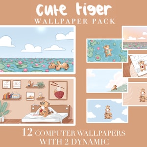 Puede incluir: Un conjunto de 12 fondos de pantalla para ordenador con un tema de tigre adorable. Los fondos de pantalla muestran varias escenas, incluyendo un tigre flotando en un estanque, un tigre en una cama y tigres apilados. El texto "Cute Tiger Wallpaper Pack" está en la parte superior.