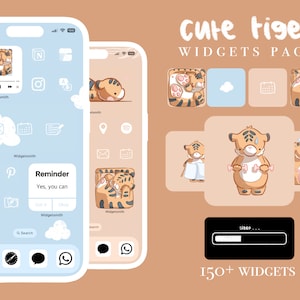 May include: A phone screen mockup with a blue and white background featuring a variety of widgets with cute tiger illustrations. The text "Cute Tiger Widgets Pack" and "150+ Widgets" are displayed on the screen.