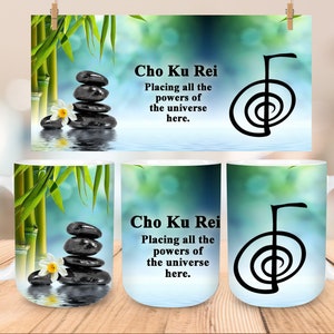 May include: White ceramic mug with a design featuring a stack of black stones, a white flower, and bamboo plants. The mug also has the text "Cho Ku Rei" and "Placing all the powers of the universe here."