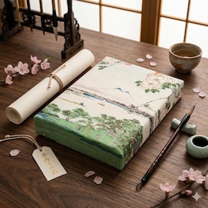 May include: A Japanese-style gift box with a landscape design, a rolled scroll tied with twine, and a calligraphy brush. The box features a green and white floral and landscape pattern. A small tag with Japanese text is attached.