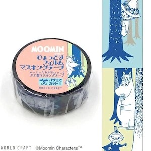The image is a collage featuring a circular object with text and illustrations of Moomin characters.