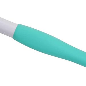 A teal-colored crochet hook with a white handle, designed for crocheting.