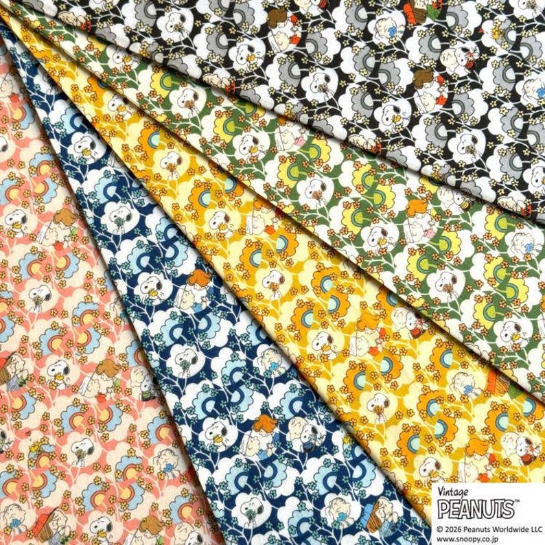 Liberty Japan x Peanuts Snoopy, Edizione Limitata, Tana Lawn, Friendship Blooms, Verde e giallo immagine 3