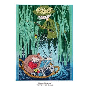 May include: A diamond painting kit featuring Moomin characters in a marshy scene. A figure in a green hat with yellow flowers fishes among tall green reeds. Below, a small character in a red shirt sits in a woven basket with sewing supplies.