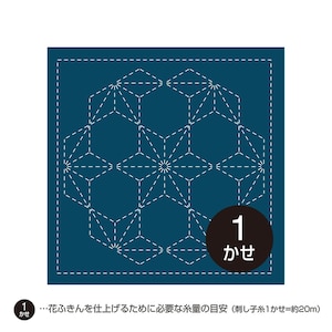 Op de afbeelding: Een vierkant donkerblauw stoffen paneel met een wit gestippeld geometrisch ster- en zeshoekpatroon. Een ronde zwarte badge toont de tekst 1 かせ. Daaronder staat de tekst 1 かせ ...花ふきんを仕上げるために必要な糸量の目安 (刺し子糸1かせ=約20m), wat aangeeft dat één streng sashiko-garen, ongeveer 20 meter, nodig is om het borduurwerk te voltooien.