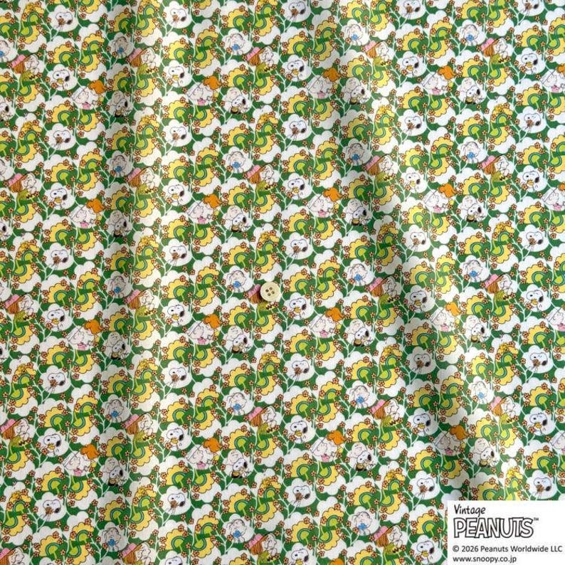 Liberty Japan x Peanuts Snoopy, Edizione Limitata, Tana Lawn, Friendship Blooms, Verde e giallo immagine 4